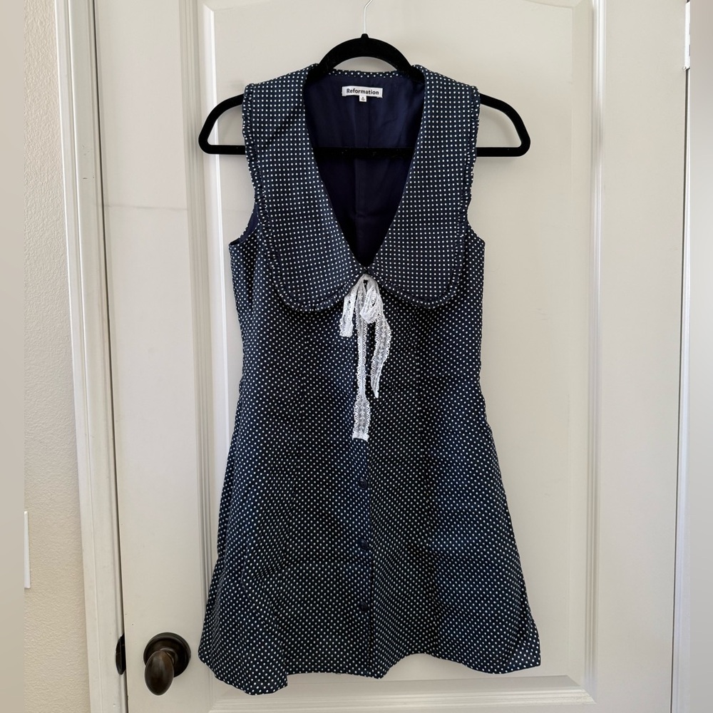 Reformation Soraya Linen Bow Ribbon Collar Mini Dress - Raindrops Polka Dot Blue